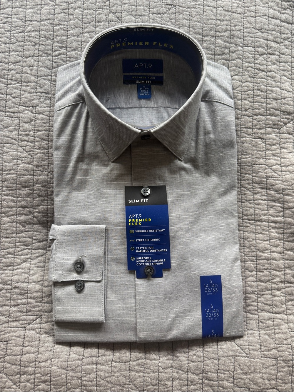 APT. 9 Premier Flex Men’s Slim Fit Dress Shirt Small 14-14.5 32/33 Gray NWT